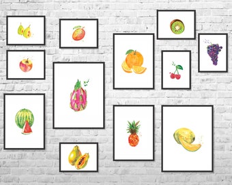 Watercolor Fruit Print Set: Farmers Market Kitchen Art (Set of 12)