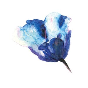 May include: A watercolor painting of a blue flower with white and purple accents. The flower is painted in a realistic style and has a delicate, ethereal quality.