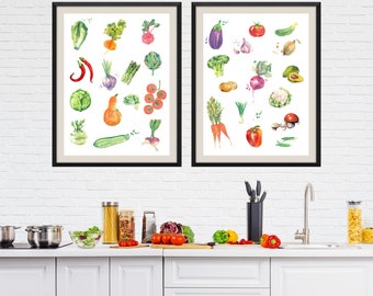 Set of 2 Kitchen Prints, Vegetables Print Set, Kitchen Art Prints, Kitchen Wall Decor, Kitchen Wall Art, Kitchen Posters, Wall Art Kitchen