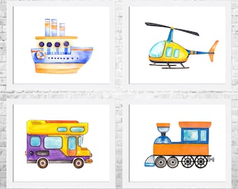 Transportation Decor, Transportation Wall Art, Transportation Nursery Art, Baby Boy Art, Playroom Art, Child bedroom, Set of 4 Prints