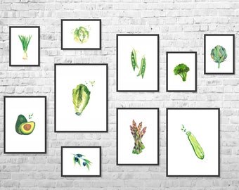 Kitchen Wall Art, Dining Room Decor, Kitchen Decor, Vegetable Watercolor Painting, Vegetable Art, Green Art, Still Life, Set of 10