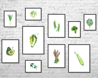 Plantaardige aquarelprints: muurkunst keuken en eetkamer, set van 10