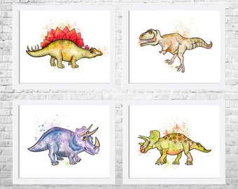 Dinosaur Print Set of 4, Dinosaur Nursery Art, Dinosaur Watercolor, Dinosaur Wall Decor, Watercolor Painting, Kids Room Decor