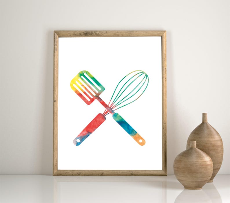 May include: A watercolor print of a spatula and whisk crossed over each other. The utensils are painted in shades of red, orange, yellow, green, and blue.