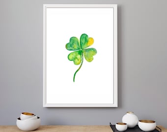 Four Leaf Clover Print, Clover Watercolor Print, Clover Watercolor Painting, Clover Art Print, Green Decor