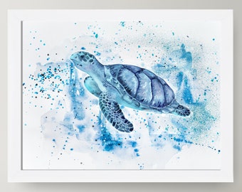Sea Turtle Watercolor Print, Coastal Nautical Wall Art