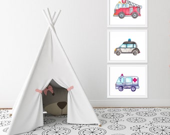 Emergency Vehicle Prints, Fire Truck, Rescue Nursery Art, Set of 3