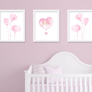 Roze babymeisje kinderkamer decor, meisje kamer decor, gepersonaliseerde kinderkamer prints, kinderkamer kunst, set van 3 print, bloemen kunst aan de muur, roze muur kunst