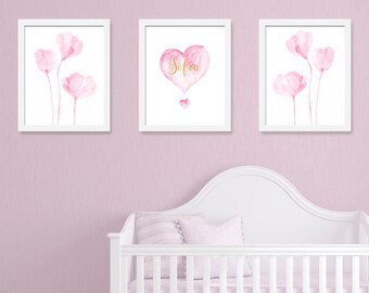 Pink Baby Girl Nursery Decor, Girl Room Decor, Personalized Nursery Prints, Nursery Art, Set of 3 Print, Flowers Wall Art, Pink Wall Art