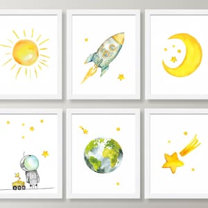 Set di 6 stampe per la cameretta dei bambini nello spazio, tema spaziale, sole, luna, stelle, razzo, astronauta, ragazzo, e-arch, decorazioni per la cameretta dei bambini nello spazio, poster spaziali
