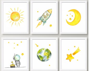 Space Nursery Prints Set: Watercolor Sun, Moon, Rocket, Astronaut (Giclee Art)