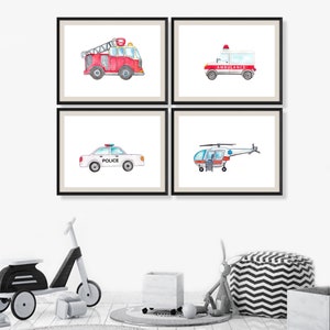 Rescue Vehicles Prints, Trucks Car Art, Transportation Nursery Theme, Nursery Poster, Boy Nursery, Kids Art, Nursery Decor, Set of 4 Prints image 2