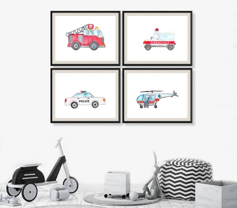 Rescue Vehicles Prints, Trucks Car Art, Transportation Nursery Theme, Nursery Poster, Boy Nursery, Kids Art, Nursery Decor, Set of 4 Prints image 2