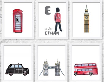 Set of 6 Prints-Nursery Art-London Bus-British Theme-London Wall Art-London Kids Room Decor-Personalised London Print-Little Londoner Set