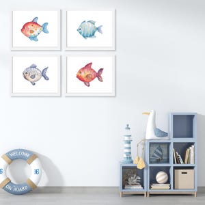 Fish Set of 4 Prints, Fish Watercolor Painting, Sea Animals Nursery Art, Nautical Nursery Decor, Ocean Art, Home Decor, Nautical Art