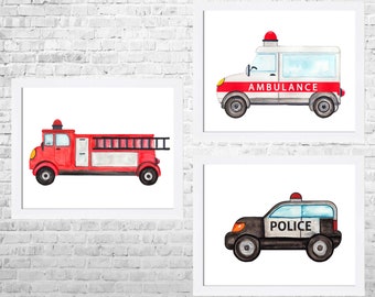 Feuerwehrauto Kinderzimmer Poster Set: Transportmittel, Junge Zimmer Dekor