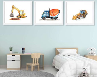 Construction Art Set of 3 Prints A3, Construction Theme, Transportation Nursery, Boys Room, Kids Wall Art, Vehicle Decor, Truck, Excavator