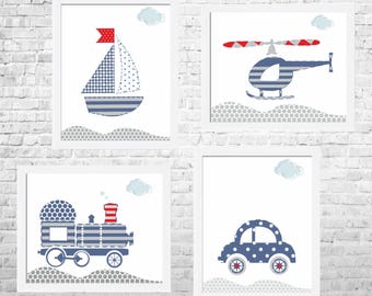 Transportation Nursery Art Prints: Baby Boy Room Decor, Set of 4