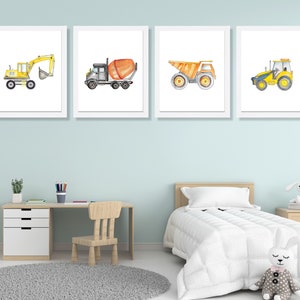 Construction Vehicle Watercolor Prints Set of 4, Digger Trucks Art, Construction Nursery Decor, Baby Boy Nursery, Kids Room Art