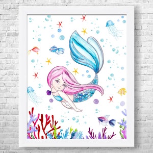 Girls Room Decor, Mermaid Print, Nursery Wall Art, Mermaid Nautical Sea Wall Art, Ocean Themed, Mermaid Girl Nursery Decor, Nautical Art