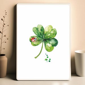 Trèfle à quatre feuilles avec coccinelle, impression d&#39;art trèfle, peinture aquarelle trèfle, impression d&#39;art aquarelle, cadeau porte-bonheur, oeuvre d&#39;art trèfle