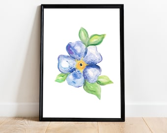 Impresión artística de acuarela de flores azules: pintura floral abstracta