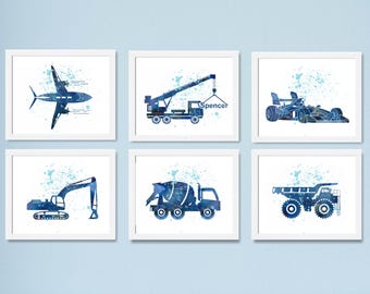Arte infantil de transporte: láminas de coches, aviones y camiones (juego de 6)