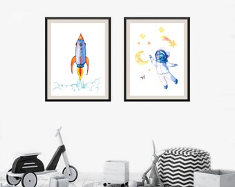 Space Nursery, Set of 2 Prints, Astronaut boy, Space Nursery Decor, Rocket Wall Art Print, Rocket Wall Decor, Outer Space Nursery