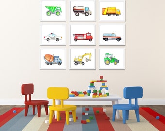 Watercolor Vehicles Print Set: Transportation Nursery Wall Art (Set of 9 Prints