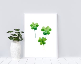 Clover Watercolor Painting, Herbal Art Print, Living Room Decor, Four Leaf Clover Art, Clover Watercolor Art Print, Green Decor