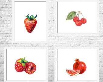 Fruits Prints, Fruit Decor, Fruit Kitchen Art, Kitchen Decor, Watercolor Art, Kitchen Poster, Food Art, Kitchen Prints Set of 4,Modern Decor