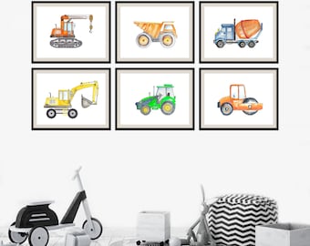 Bouw kinderkamerkunst, kinderkamerposter, vrachtwagens wordt afgedrukt, bouwdecor, kindermuurdecoratie, kinderkunst, kinderdagverblijf muurkunst set van 6 prenten