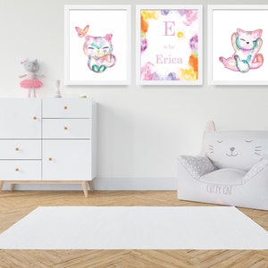 Cat Art Prints Set of 3, Nursery Wall Art, Baby Girl Nursery Decor, Girl Room Decor, Baby Name Print, Animal Rainbow Poster