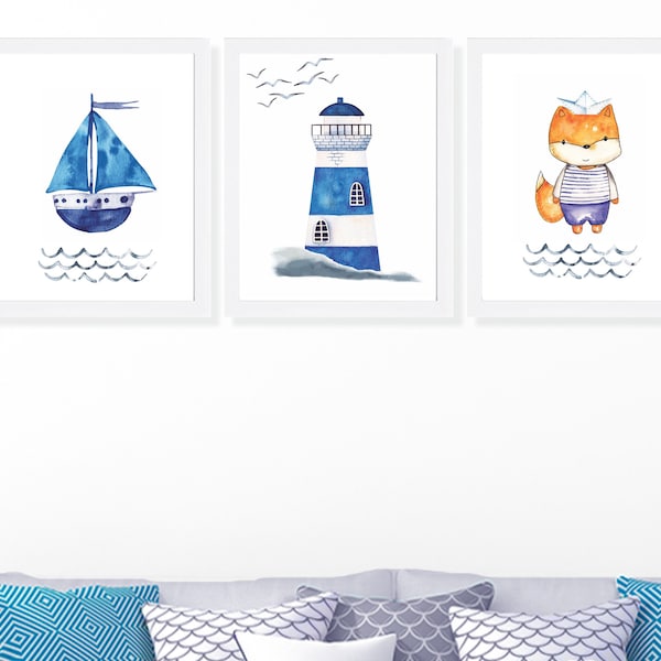 Coastal Decor Blue Watercolor Print Set of 3, Bedroom Wall Art, Nautical Nursery Decor, Lighthouse Sailboat Sailor, Bathroom Decor