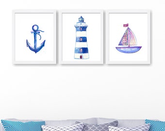 Boys Bedroom Decor, Nautical Nursery Decor, Nautical Art Baby Boy Room, Sailboat, Anchor, Blue  Set of 3 Prints