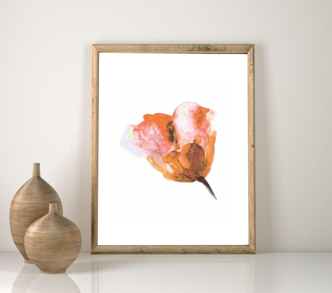 オレンジ色の水彩画の花のアートプリント：抽象的な花の壁飾り - Etsy 日本