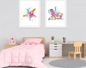 Starfish Octopus Watercolor Print Set: Beach Nursery Art