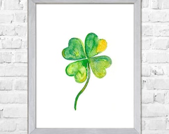 Four Leaf Clover Print, Clover Watercolor Print, Clover Watercolor Painting, Clover Art Print, Green Decor