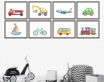 Transportation Nursery Art Prints: Car, Plane, Truck - Set of 8