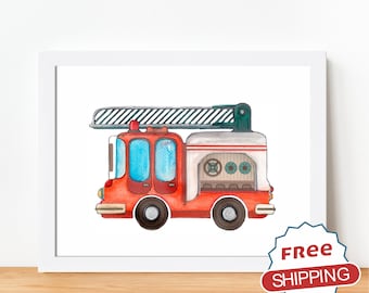 Fire Truck Watercolor Print: Kids Nursery Transportation Art