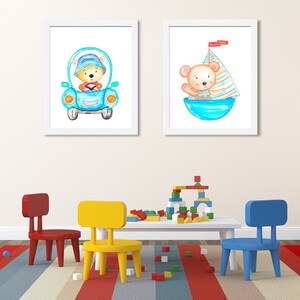 Vervoer kunst aan de muur, babykamer decor, vervoer kinderkamer kunst, boot auto speelkamer decor, Kids Wall Decor, set van 2 prints