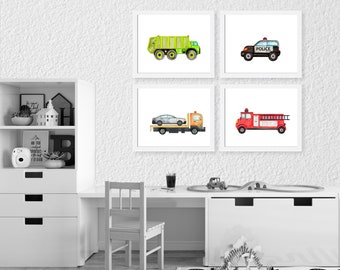 Construction Nursery Art Prints: Trucks, Tractors, Excavators - Set of 4