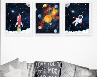 Space Nursery Art Prints Set: Astronaut, Rocket, Solar System