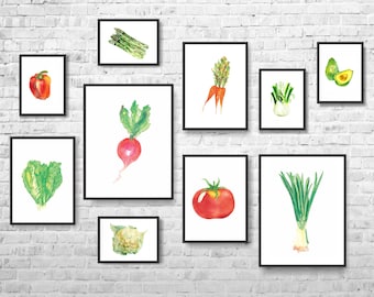 Vegetables Watercolor Print Set: Modern Kitchen Art, Set of 10