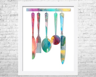 Kitchen Wall Art, Kitchen Art Print, Fork Spoon and Knife, Kitchen Poster Print, Art for Kitchen, Cooking Art, Colorful Kitchen Art