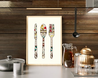 Colorful Kitchen Art Print: Fork, Spoon & Knife Poster