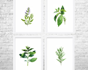 Watercolor Herbs Prints, Kitchen Wall Art Set of 4 Prints, Kitchen Poster Print, Food Art, Kitchen Paintings, Herbs Watercolor Painting