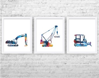 Construction Nursery Art, Nursery Poster, Construction Decor, Personalized Boys Nursery, Kids Art Print, Nursery Decor, Set of 3 Prints