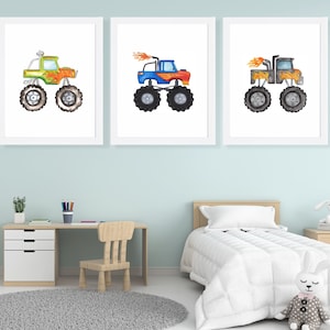 Arte della parete di Monster Truck, pittura ad acquerello del mostro, stampa di camion, stampa di trasporto dell'asilo nido, arredamento della camera del bambino, poster dell'asilo nido Set di 3