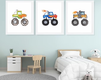 Monster Truck kunst aan de muur, monster aquarel schilderij, vrachtwagen print, transport kwekerij print, peuter jongen kamer decor, kwekerij poster set van 3